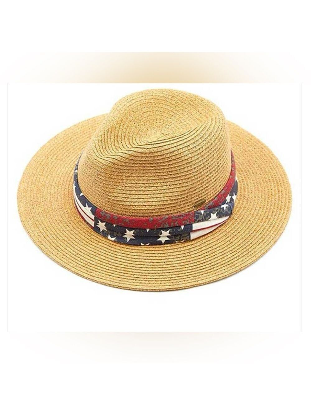 Paper Straw Wide Brim Floppy Sun Hat Beige with Red, White and. Blue NEW